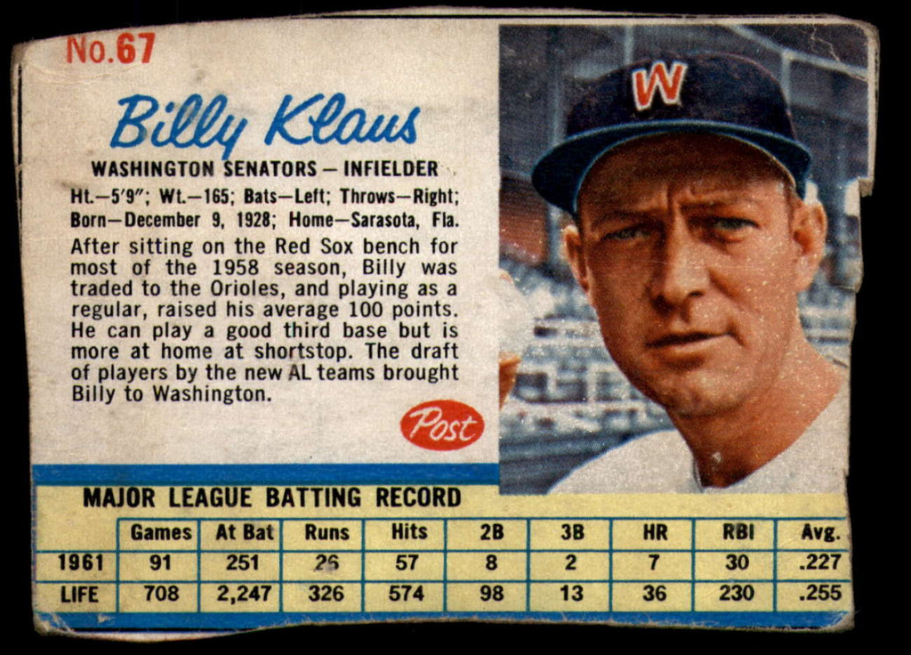 1962 Post Cereal #67 Billy Klaus Good  ID: 144229