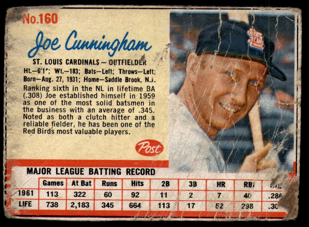 1962 Post Cereal #160 Joe Cunningham Poor  ID: 144476