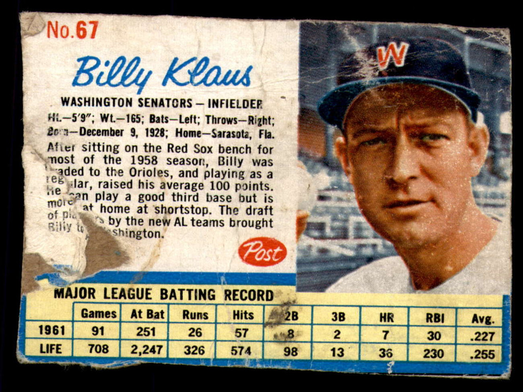 1962 Post Cereal #67 Billy Klaus Poor  ID: 183447