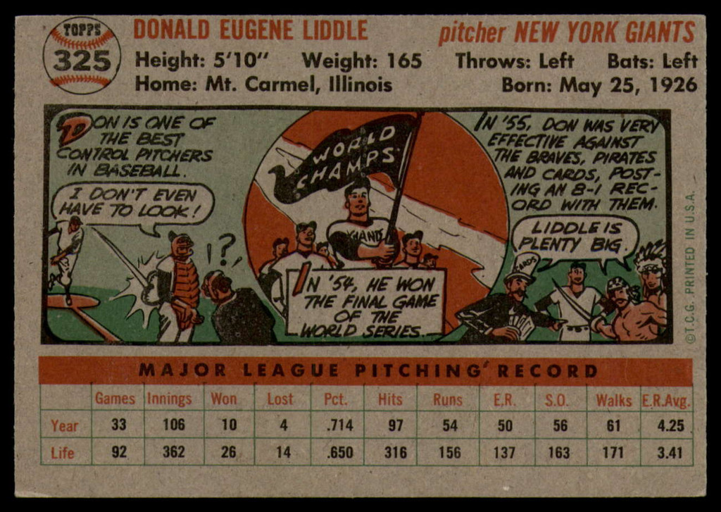 1956 Topps #325 Don Liddle EX