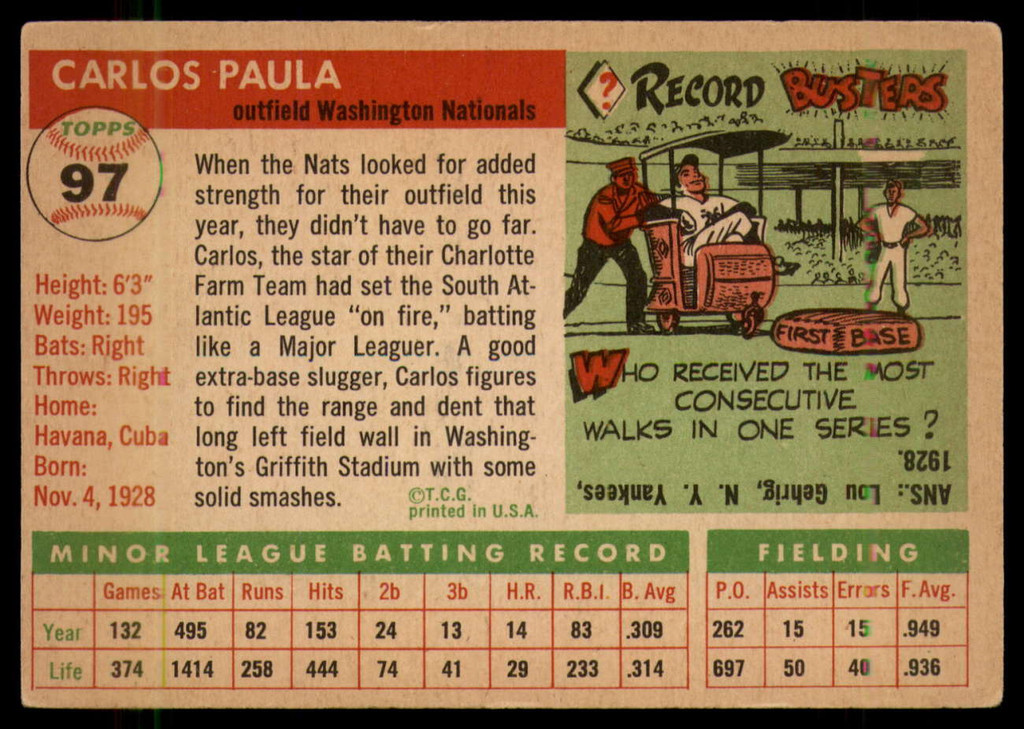 1955 Topps #97 Carlos Paula EX RC Rookie ID: 56823