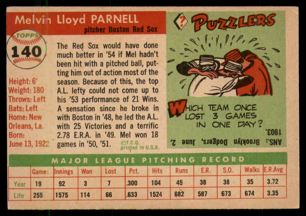 1955 Topps #140 Mel Parnell EX ID: 57085
