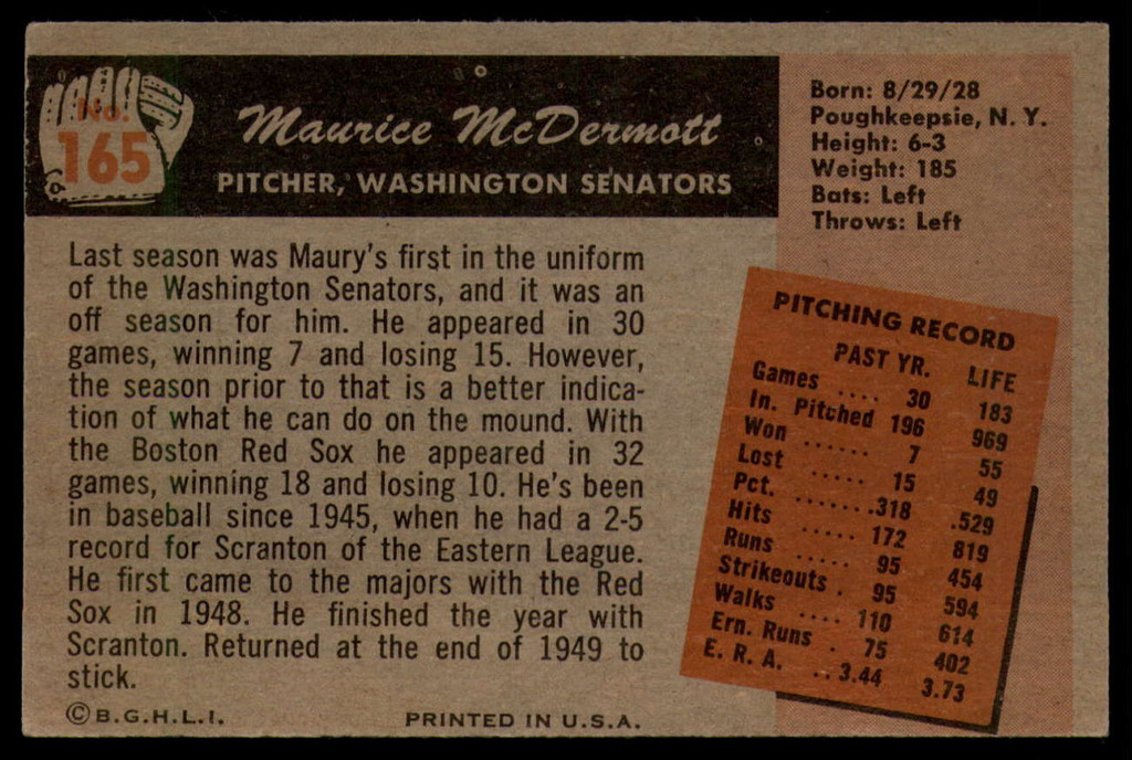 1955 Bowman #165 Mickey McDermott VG/EX