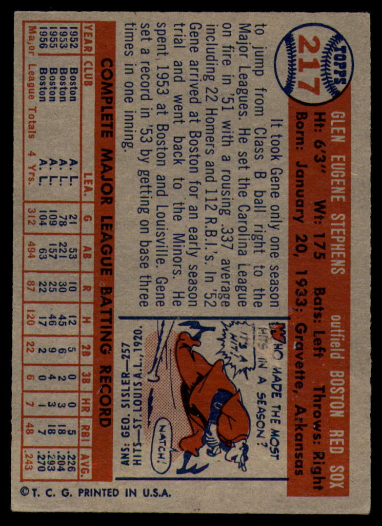 1957 Topps #217 Gene Stephens EX++ ID: 61214