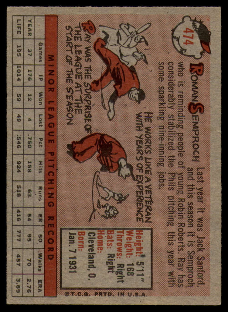 1958 Topps #474 Ray Semproch EX++ RC Rookie ID: 65054