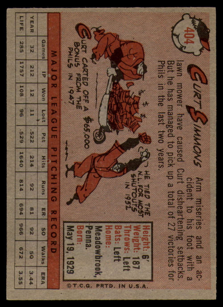 1958 Topps #404 Curt Simmons EX++ ID: 64547
