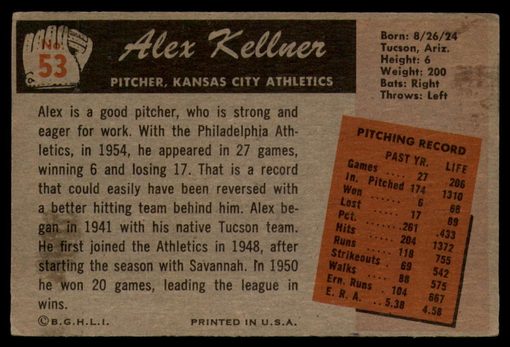 1955 Bowman #53 Alex Kellner VG/EX  ID: 84797