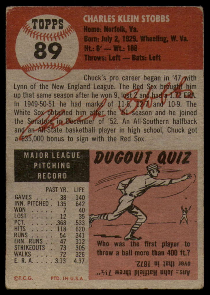 1953 Topps #89 Chuck Stobbs DP VG Very Good  ID: 93510