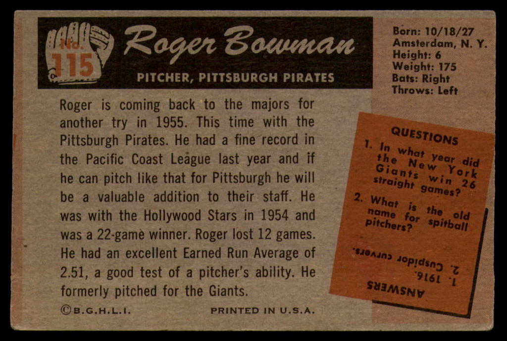 1955 Bowman #115 Roger Bowman EX RC Rookie