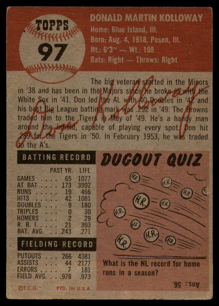 1953 Topps #97 Don Kolloway DP VG Very Good  ID: 93515