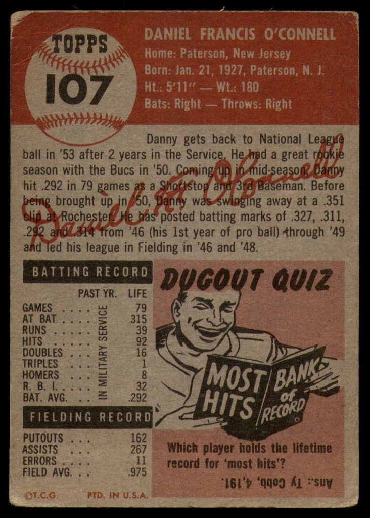 1953 Topps #107 Danny O&amp;#39;Connell DP VG Very Good 