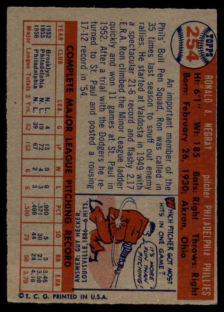1957 Topps #254 Ron Negray EX++ ID: 61520