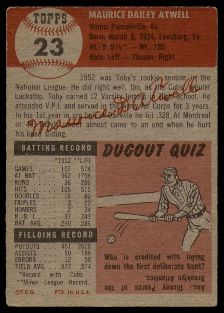 1953 Topps #23 Toby Atwell DP VG ID: 77394