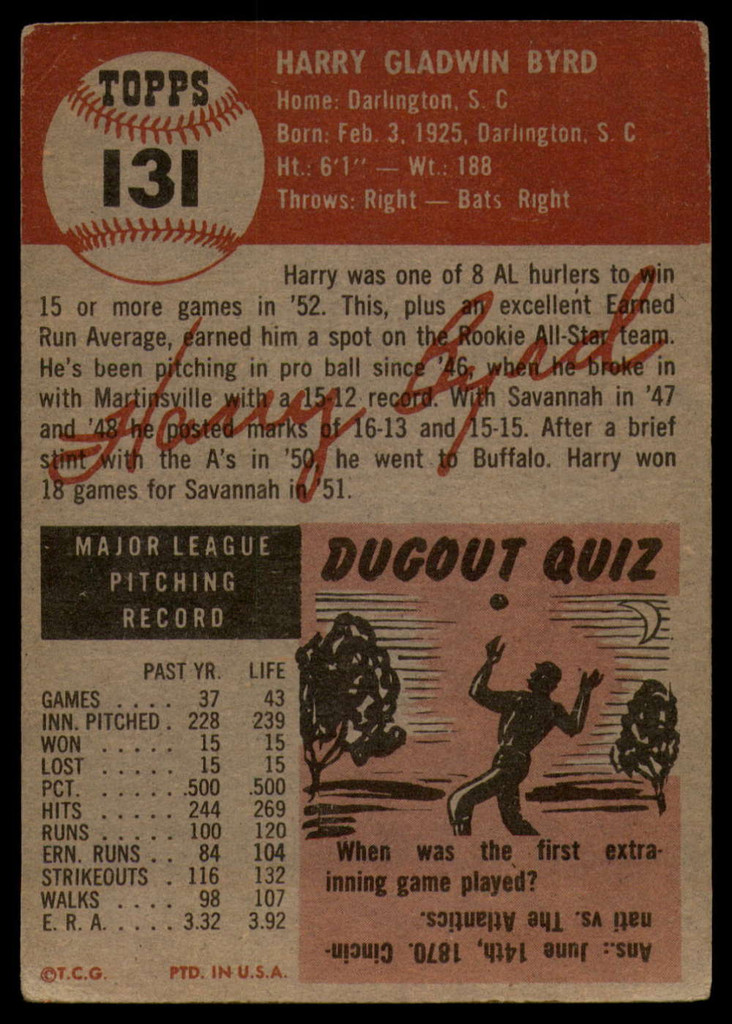 1953 Topps #131 Harry Byrd DP VG Very Good RC Rookie ID: 93524