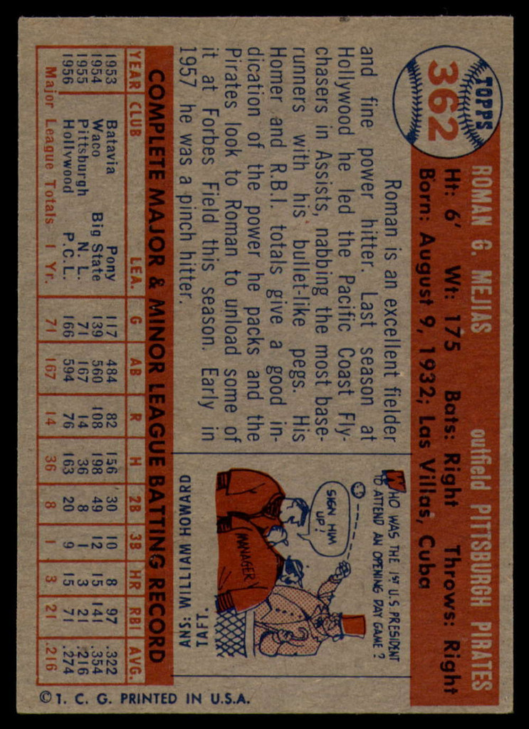1957 Topps #362 Roman Mejias UER EX++ RC Rookie ID: 77655