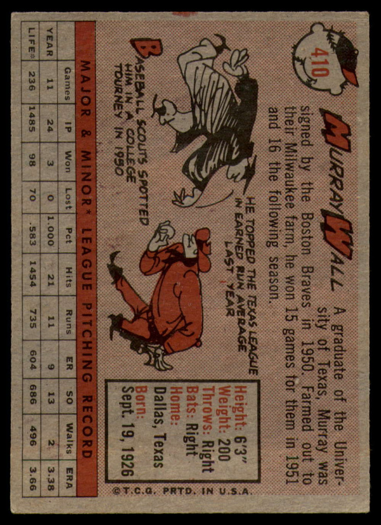 1958 Topps #410 Murray Wall EX++ ID: 64599