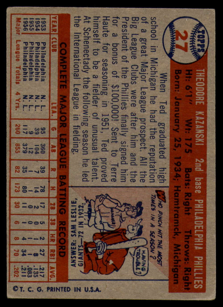 1957 Topps #27 Ted Kazanski EX Excellent 