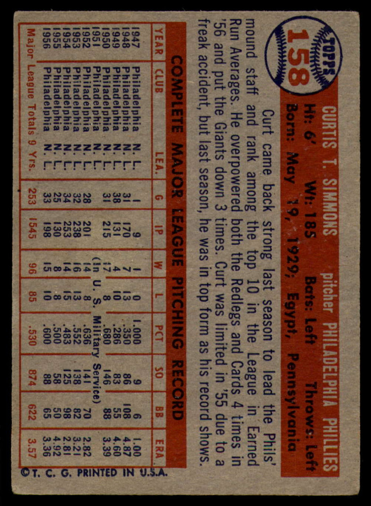 1957 Topps #158 Curt Simmons EX++ ID: 60778