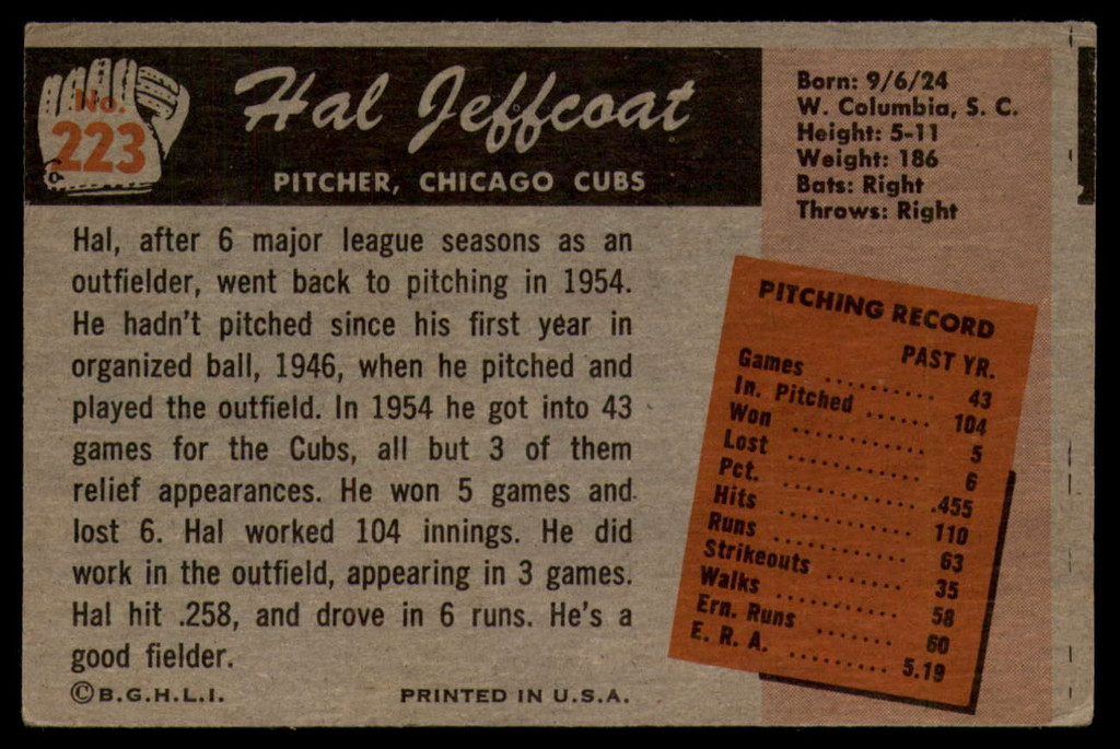 1955 Bowman #223 Hal Jeffcoat EX  ID: 84844