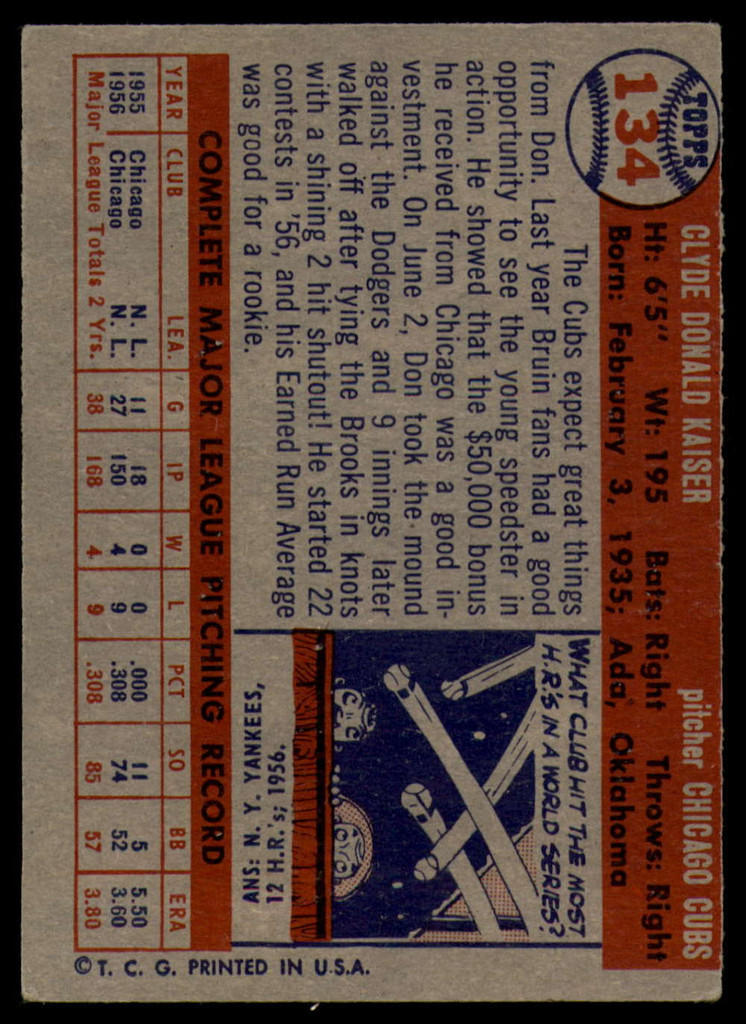 1957 Topps #134 Don Kaiser EX++ ID: 60527
