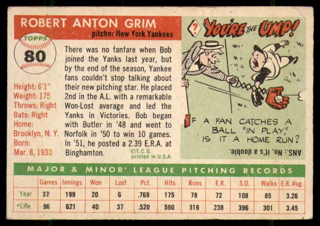 1955 Topps #80 Bob Grim VG/EX RC Rookie ID: 56699