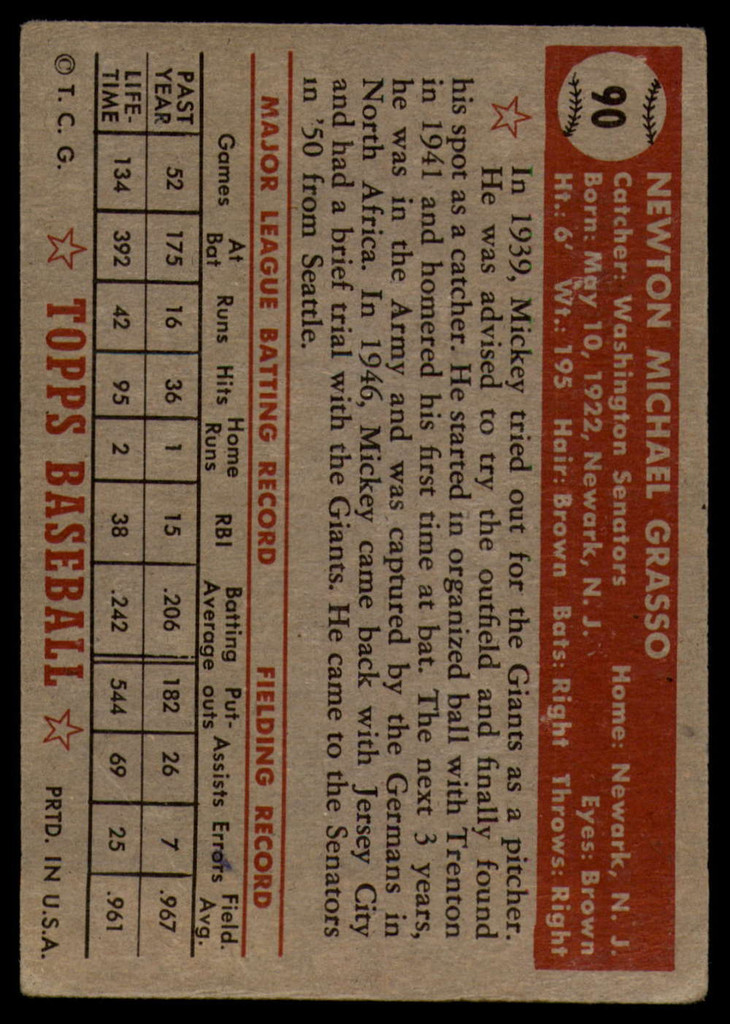 1952 Topps #90 Mickey Grasso P ID: 78460