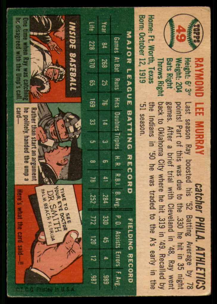1954 Topps #49 Ray Murray VG/EX ID: 55426