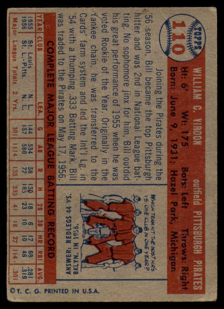 1957 Topps #110 Bill Virdon EX++ ID: 60326