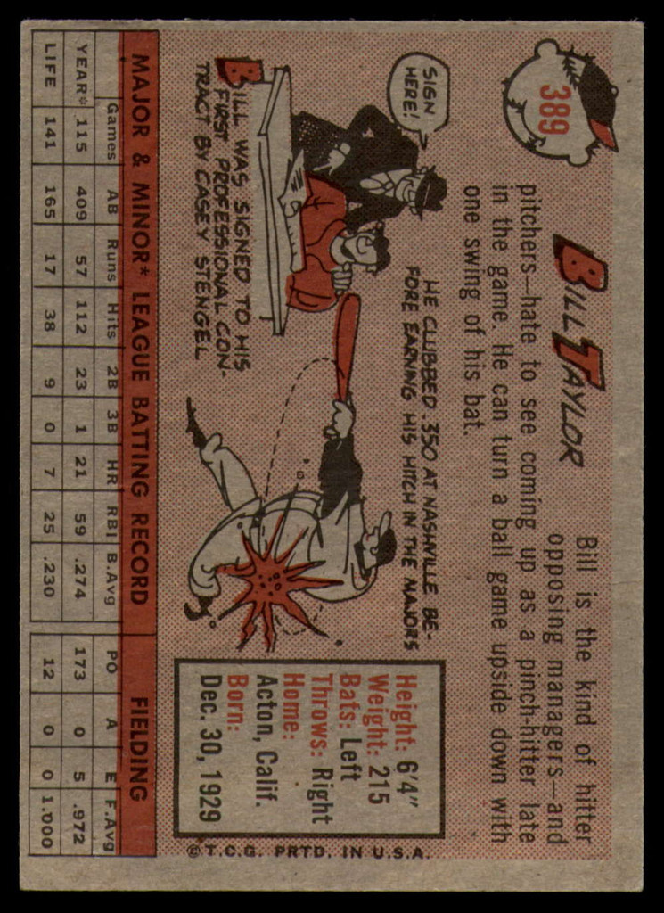 1958 Topps #389 Bill Taylor EX++ ID: 64425