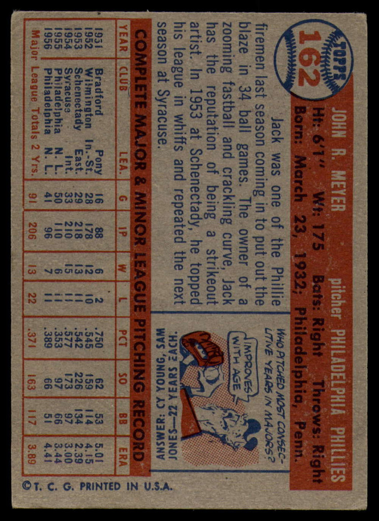 1957 Topps #162 Jack Meyer EX++ Excellent++  ID: 94662