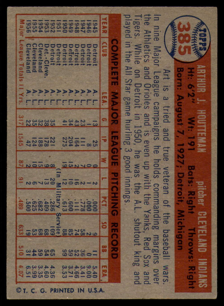 1957 Topps #385 Art Houtteman EX++ ID: 62187