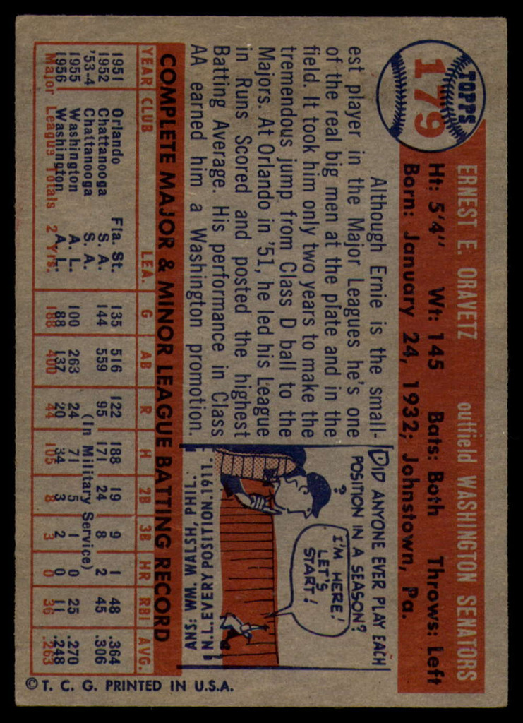 1957 Topps #179 Ernie Oravetz EX++ Excellent++  ID: 94703