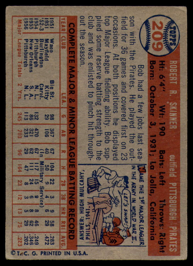 1957 Topps #209 Bob Skinner EX++