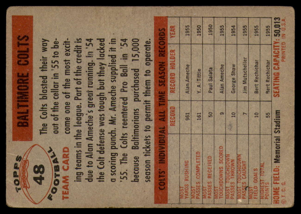 1956 Topps #48 Colts Team VG Ink On Front