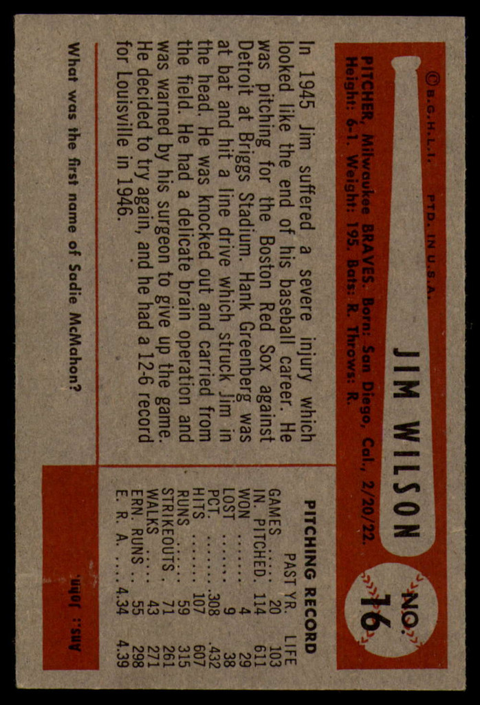 1954 Bowman #16 Jim Wilson VG Very Good  ID: 93723