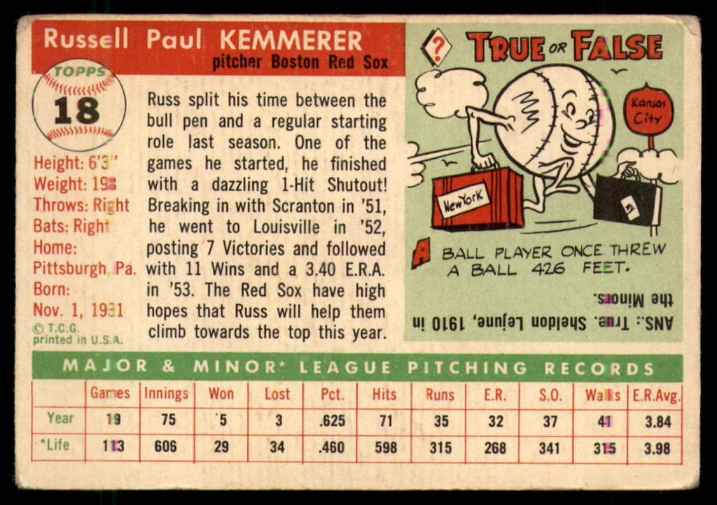 1955 Topps #18 Russ Kemmerer VG/EX RC Rookie