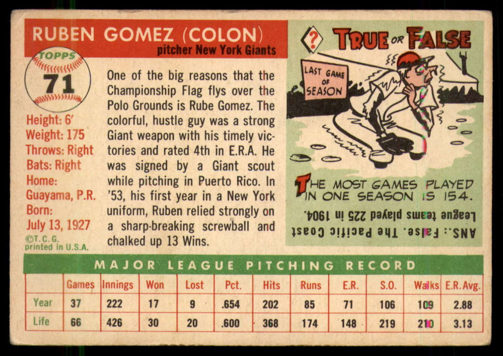 1955 Topps #71 Ruben Gomez VG/EX ID: 56641