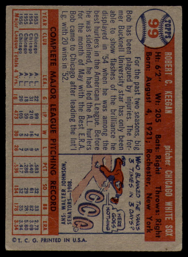 1957 Topps #99 Bob Keegan EX ID: 60226