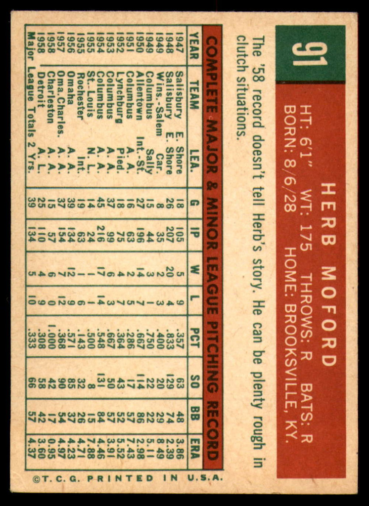 1959 Topps #91 Herb Moford EX/NM RC Rookie ID: 66115