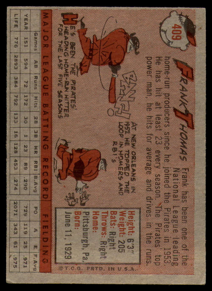 1958 Topps #409 Frank J. Thomas UER EX ID: 64586