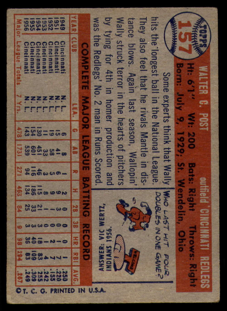 1957 Topps #157 Wally Post EX ID: 60761