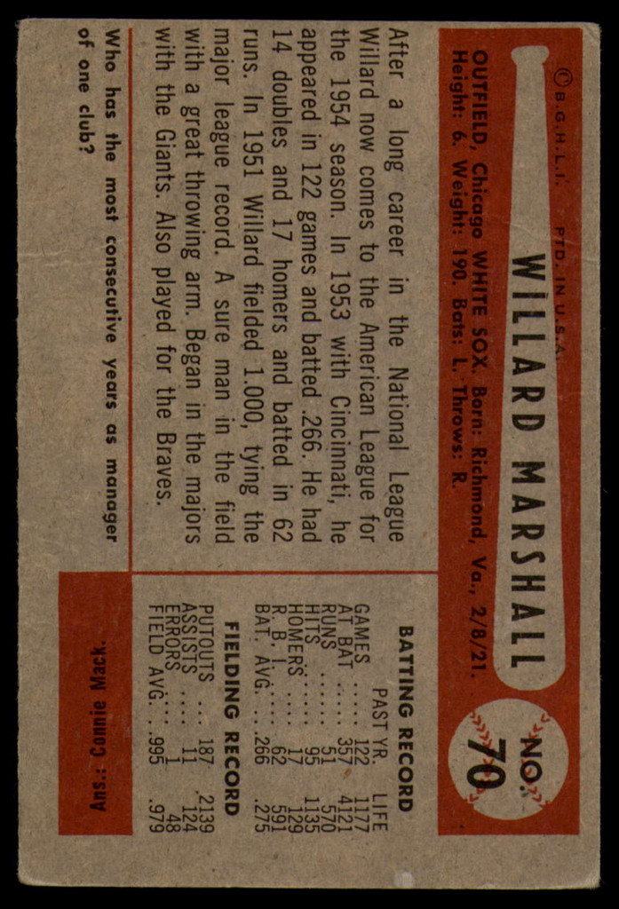 1954 Bowman #70 Willard Marshall VG