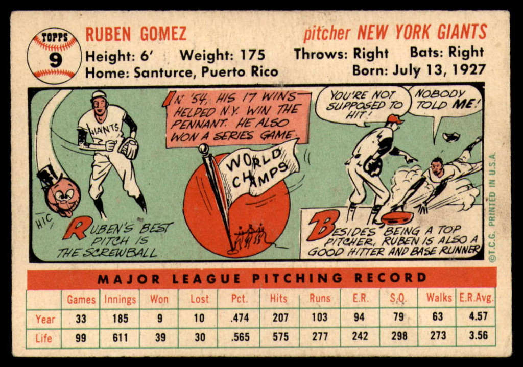 1956 Topps #9 Ruben Gomez DP VG ID: 78947