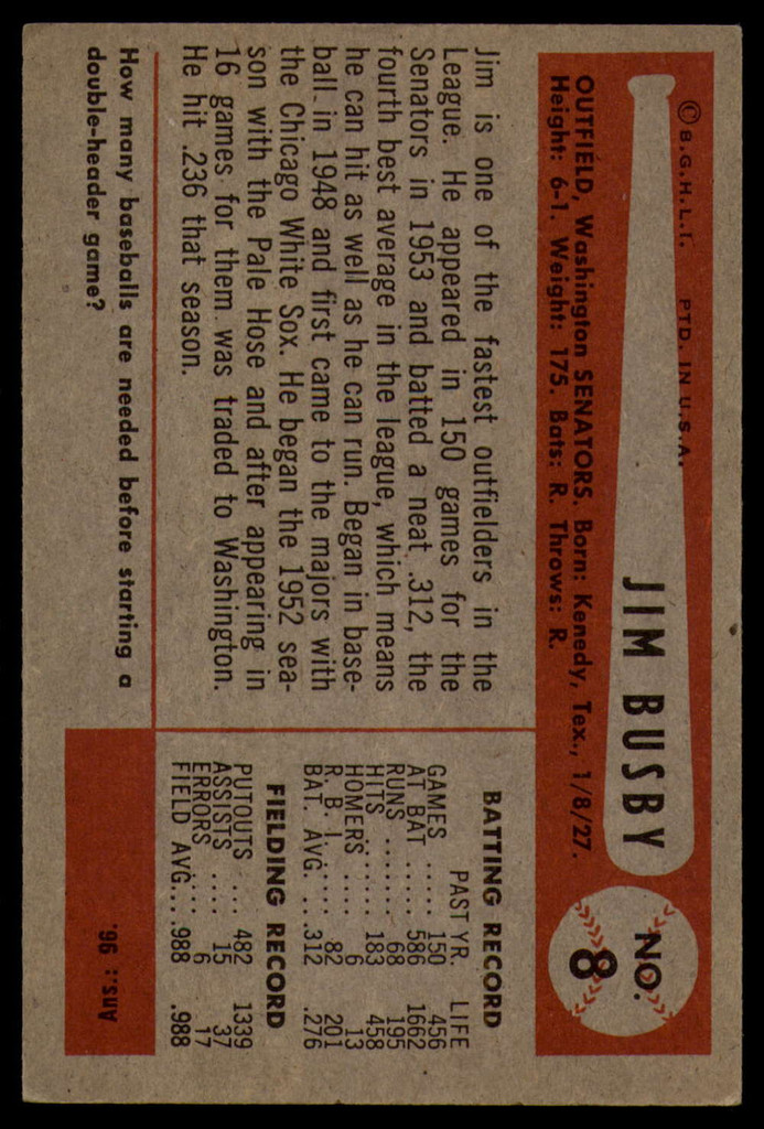 1954 Bowman #8 Jim Busby VG/EX ID: 55941