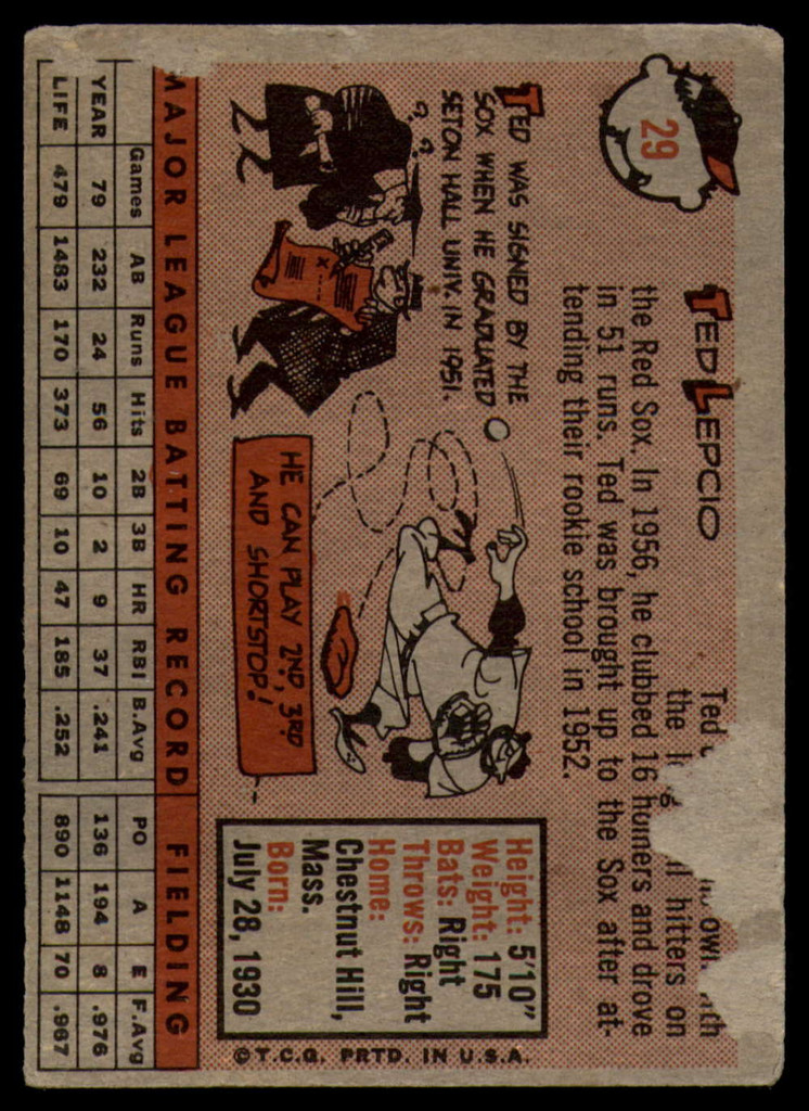 1958 Topps #29 Ted Lepcio UER VG ID: 77707