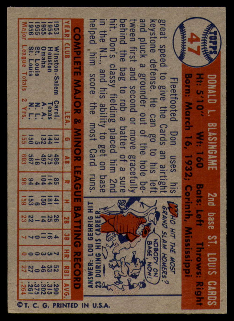 1957 Topps #47 Don Blasingame VG/EX Very Good/Excellent 