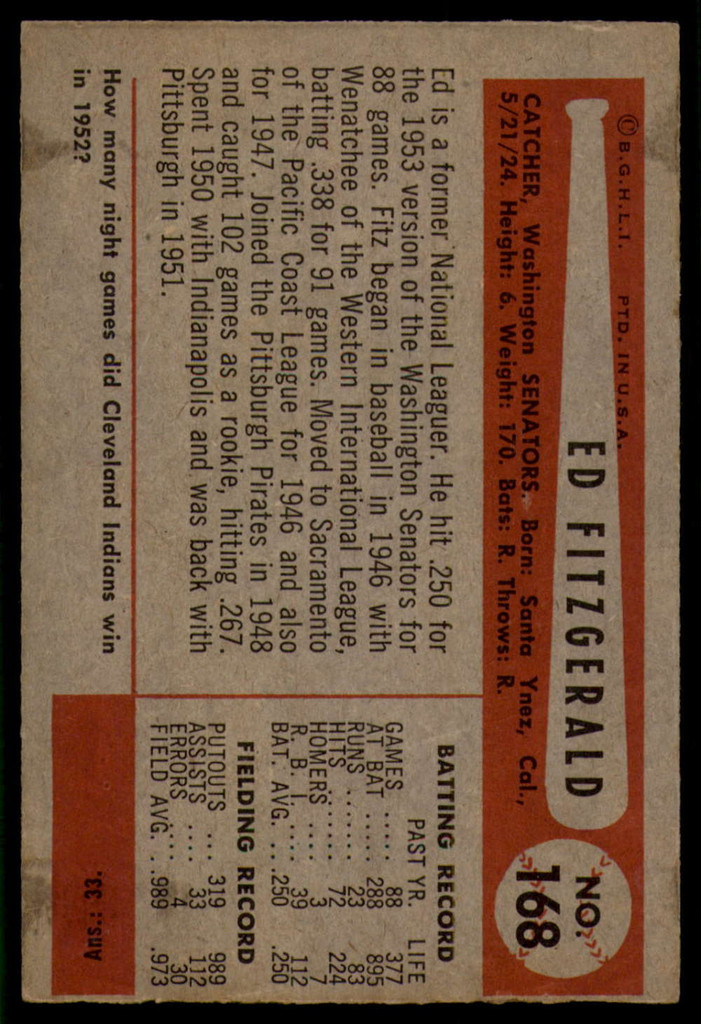 1954 Bowman #168 Ed Fitz Gerald VG/EX ID: 56214