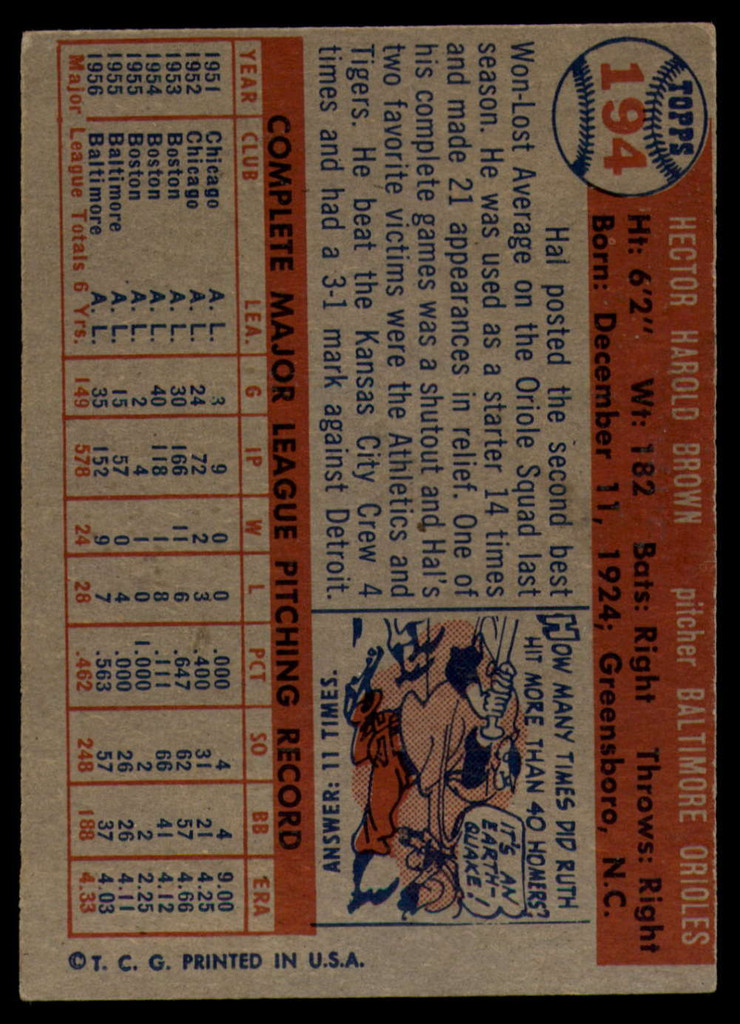 1957 Topps #194 Hal Brown EX ID: 61079