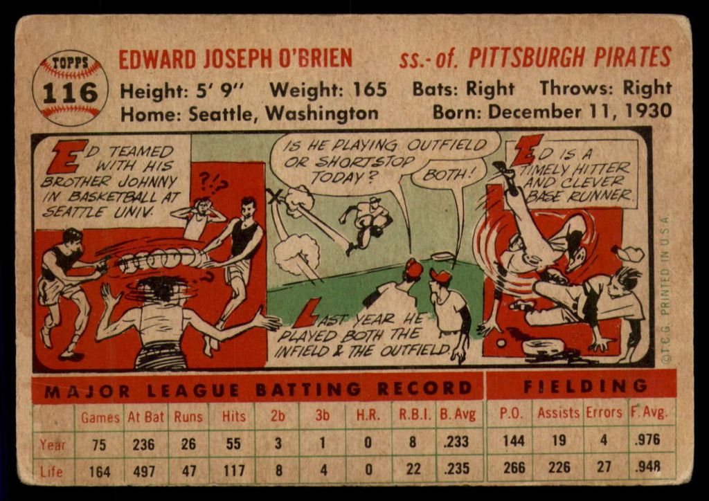 1956 Topps #116 Eddie O'Brien VG ID: 58792