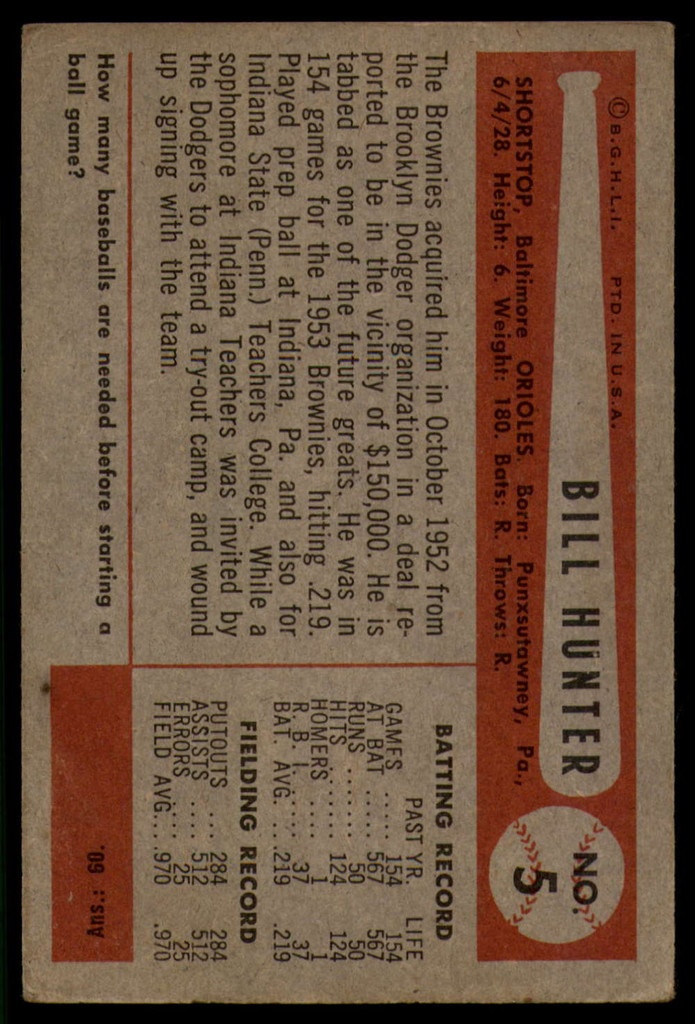 1954 Bowman #5 Billy Hunter VG/EX